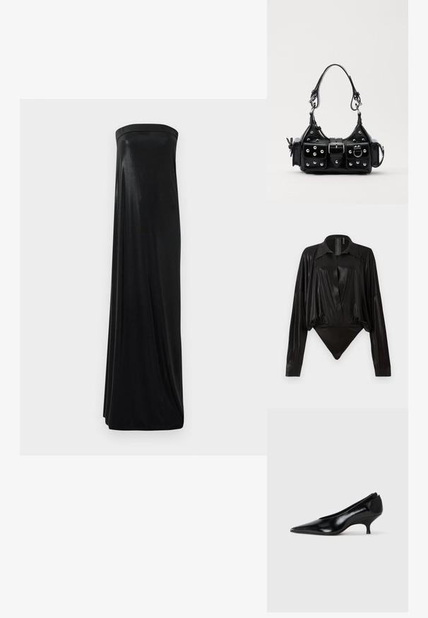 Fekete egyrészes ruházat hosszú ujjakkal, V-kivágással és testhez simuló fazonnal. Fényes, sima anyagból készült, strukturált gallérral és mandzsettákkal.; Fekete, pánt nélküli maxi ruha sima, fényes anyagból. Feszes felsőrésze és lebegő sziluettje van, a földig ér, díszítések nélkül.; Fekete bőr magassarkú cipő hegyes orral, alacsony sarokkal, letisztult formával és sima textúrával. Slip-on stílusú, látható hardver nélkül.; Fekete bőr kézitáska ívelt designnal, ezüst szegecsekkel, csattal és két oldalsó zsebbel. Állítható vállpánt a hordozási lehetőségekhez.