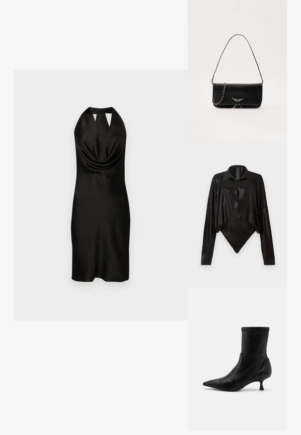 Black bodysuit with long sleeves, V-neck, and a fitted silhouette. Made of shiny, smooth fabric with a structured collar and cuffs.; Black satin halter neck dress with a draped front, fitted silhouette, and cut-out detail at the neckline, reaching mid-thigh length.; Black leather ankle boot with a tapered silhouette, elastic upper, and a short, thin heel. Smooth texture and minimal stitching details.; Black leather handbag with a silver chain strap, featuring decorative wing accents and white stitching along the bottom seam.