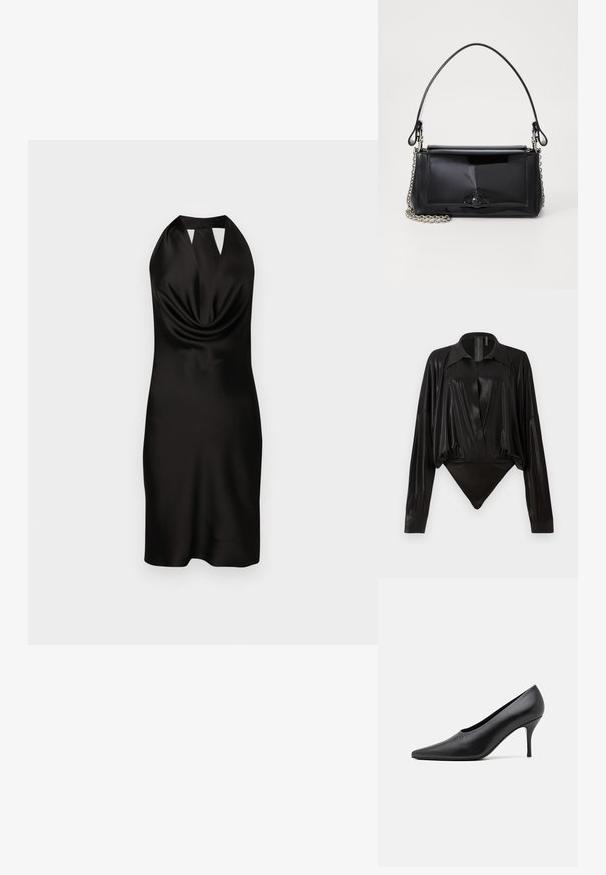 Fekete egyrészes ruházat hosszú ujjakkal, V-kivágással és testhez simuló fazonnal. Fényes, sima anyagból készült, strukturált gallérral és mandzsettákkal.; Fekete selyem hatva nyakú ruha fodrozódó elülső résszel, testhez álló sziluettel és kivágott részlettel a nyakrészen, középidéig érő hosszal.; GIABORGHINI HARMONIA - Klasszikus sarkú cipők - black; Fekete lakkbőr kézitáska téglalap alakú, láncos vállpánttal és középen egy jellegzetes fém díszítéssel. Simaszerkezet.