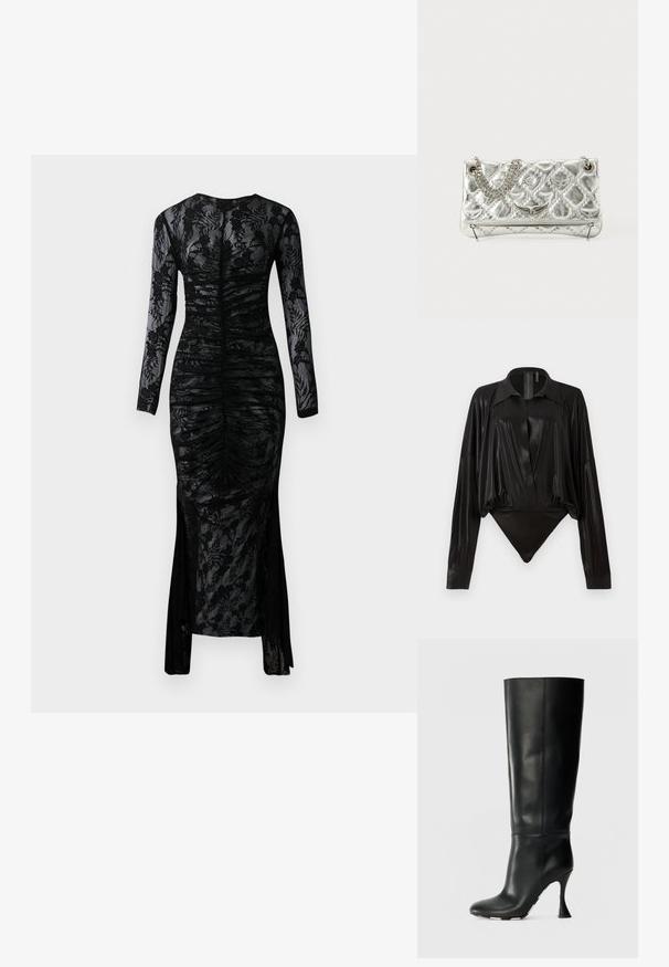 Black bodysuit with long sleeves, V-neck, and a fitted silhouette. Made of shiny, smooth fabric with a structured collar and cuffs.; Long-sleeve black dress with a fitted silhouette, ruched fabric, and floral lace overlay. Features a slit at the bottom for added detail.; Black leather knee-high boot with a fitted shaft and pointed toe. Features a distinctive curved heel and smooth textured surface.; Silver metallic handbag with chain handle, quilted texture, decorative stitching, and a zip closure. Features embossed accents on the front.