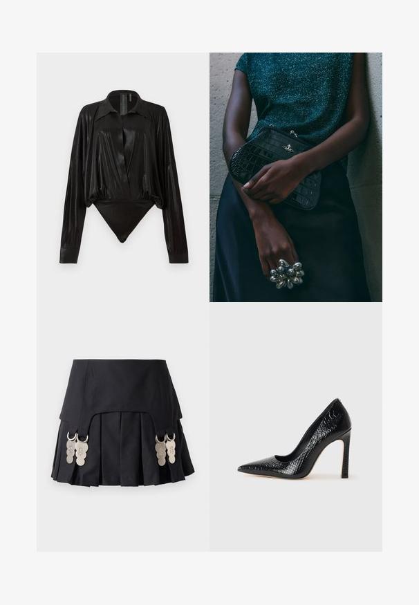 Musta catsuit pitkillä hihoilla, V-pääntiellä ja tiukalla siluetilla. Valmistettu kiiltävästä, sileästä kankaasta, jossa on jämäkkä kaulus ja hihansuut.; Mustavärinen pleated-hame, jossa on metalliset yksityiskohdat sivuilla, valmistettu rakenteellisesta kankaasta, jossa on sileä pinta ja selkeä muotoilu.; Musta kapea nilkkakorkokenkä krokotiilin nahkakuviolla, joka on varustettu tyylikkäällä muotoilulla, korkealla stiletto-korkealla ja sileällä mustalla sisäosalla.; Musta krokotiilihäntäinen penaali, jossa on hopeiset yksityiskohdat, pidetään teksturoitua harmaata taustaa vasten. Pintamateriaali kiiltävä.