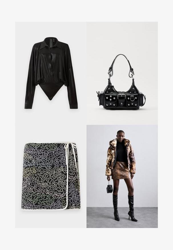 Fekete egyrészes ruházat hosszú ujjakkal, V-kivágással és testhez simuló fazonnal. Fényes, sima anyagból készült, strukturált gallérral és mandzsettákkal.; Fekete, átkötős szoknya, amely multszínű csillagmintával rendelkezik, pasztell sárga, zöld és kék árnyalatokban, fehér díszítéssel és kötővel.; Barna és fekete mintás puffjú dzseki, barna kígyóbőr mintás mini szoknyával, fekete térdig érő csizmával és egy kicsi fekete táskával párosítva.; Fekete bőr kézitáska ívelt designnal, ezüst szegecsekkel, csattal és két oldalsó zsebbel. Állítható vállpánt a hordozási lehetőségekhez.