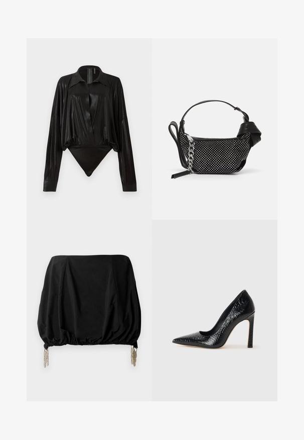 Melnā bodijakā ar garām piedurknēm, V-veida kaklu un pieguļošu siluetu. Izgatavots no spīdīga, gluda auduma ar strukturētu apkakli un aprocēm.; Melns croptops ar savilktu dizainu, ar elastīgu apakšmalu un metāliskiem sprādzēm kā akcentiem. Izgatavots no viegla auduma.; Melni augstpapēžu apavi ar norādītu purngalu, ar krokodila ādas tekstūru, izceļoties ar elegantu dizainu, augstu stiletto papēdi un gludu melnu interjeru.; Melnā rokassomiņa ar studētiem rotājumiem, ķēdes siksniņu un gludas ādas rokturi, ar apaļu formu un ar rāvējslēdzēju aizveramu nodalījumu.