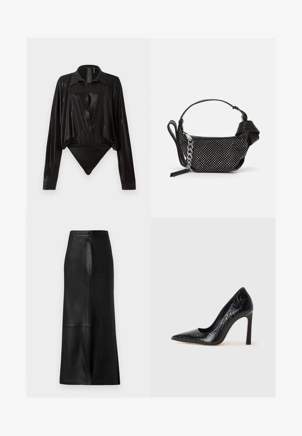 Musta catsuit pitkillä hihoilla, V-pääntiellä ja tiukalla siluetilla. Valmistettu kiiltävästä, sileästä kankaasta, jossa on jämäkkä kaulus ja hihansuut.; Mustaan nahkahame, jossa on suora siluetti, takahelma halkiolla, sileä pinta ja näkyvät sauman yksityiskohdat.; Musta kapea nilkkakorkokenkä krokotiilin nahkakuviolla, joka on varustettu tyylikkäällä muotoilulla, korkealla stiletto-korkealla ja sileällä mustalla sisäosalla.; Musta käsilaukku, jossa on niittikoristeet, ketjuhihna ja sileä nahkakahva, pyöreä muoto ja vetoketjullinen osasto.