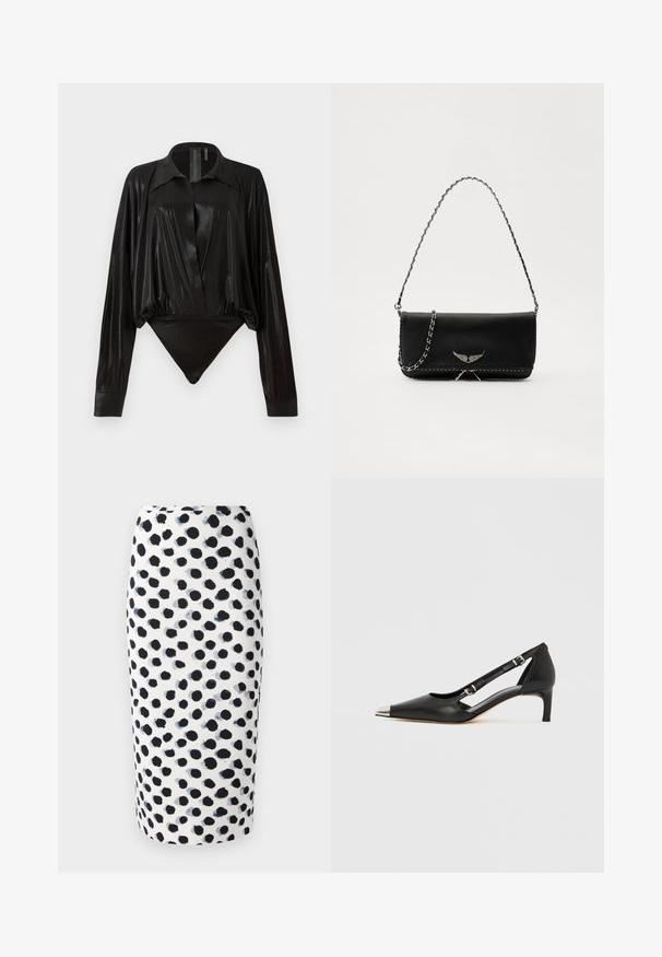 Črn bodi z dolgimi rokavi, V-izrezom in prilegajočo silhueto. Narejen iz sijočega, gladkega materiala z oblikovanim ovratnikom in manšetami.; Bela svilenka s potiskom pikicami v črni barvi in odtenki modre. Gladka tekstura in oblika, ki se tesno prilega.; Črni usnjeni čevelj z rahlo peto, z ostro srebrno konico in dvema paščkoma z zaponkama na belem ozadju.; Črna usnjena torbica s srebrnim verižnim ročajem, ki ima okrasne krilate poudarke in belo šivanje ob spodnjem šivu.
