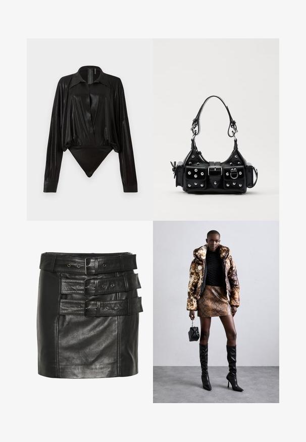 Juodas bodžiukas su ilgomis rankovėmis, V formos iškirpte ir prigludusia siluetu. Pagamintas iš blizgaus, lygaus audinio su struktūrizuotu apykakle ir rankogaliais.; Juoda odinė mini sijonas, kuris turi kelis plačius diržus su sagtimis ir metalinėmis skylutėmis. Paskirstyta tekstūra su struktūrizuotu dizainu.; Pūkuotas džemperis su rudos ir juodos spalvų raštu, derinamas su rudą gyvatės rašto mini sijonu, juodais ilgaauliais batais iki kelių ir mažyte juoda rankine.; Juodas odinis rankinukas su kreiviu dizainu, su sidabro spalvos knopkėmis, užsegimu ir dviem šoninėmis kišenėmis. Reguliuojama dirželis nešimui.