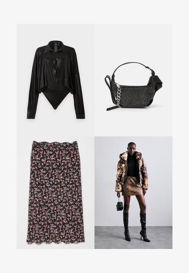 Fekete egyrészes ruházat hosszú ujjakkal, V-kivágással és testhez simuló fazonnal. Fényes, sima anyagból készült, strukturált gallérral és mandzsettákkal.; Virágmintás szoknya fekete háttérrel, piros és fehér virágokkal. Szegett szegély és könnyű anyag, textúrált mintázattal.; Barna és fekete mintás puffjú dzseki, barna kígyóbőr mintás mini szoknyával, fekete térdig érő csizmával és egy kicsi fekete táskával párosítva.; Fekete kézitáska textúrázott dizájnnal, ezüst szegecsekkel és masszív ezüst lánc pánttal díszítve. Letisztult, minimalista formája van.