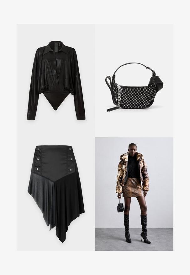 Fekete egyrészes ruházat hosszú ujjakkal, V-kivágással és testhez simuló fazonnal. Fényes, sima anyagból készült, strukturált gallérral és mandzsettákkal.; Fekete aszimmetrikus szoknya, amely matt és texturált anyagok keverékéből készült, ezüst gombos részletekkel a derékon és réteges szegéllyel.; Barna és fekete mintás puffjú dzseki, barna kígyóbőr mintás mini szoknyával, fekete térdig érő csizmával és egy kicsi fekete táskával párosítva.; Fekete kézitáska textúrázott dizájnnal, ezüst szegecsekkel és masszív ezüst lánc pánttal díszítve. Letisztult, minimalista formája van.