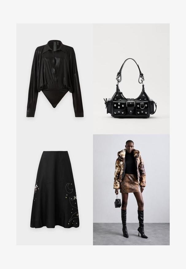 Body negru cu mâneci lungi, decolteu în V și o siluetă ajustată. Fabricat dintr-un material lucios și neted, cu guler structurat și manșete.; Fustă neagră cu broderie colorată de stele, o lună și un personaj. Design în formă de A, material neted, până la genunchi, cu un luciu subtil.; Jachetă puffer cu un model maro și negru, asortată cu o fustă mini din piele de șarpe maro, cizme negre până la genunchi și o geantă mică neagră.; Geantă de piele neagră cu un design curbat, dotată cu studuri argintii, o cataramă și două buzunare laterale. Curea ajustabilă pentru opțiuni de transport.