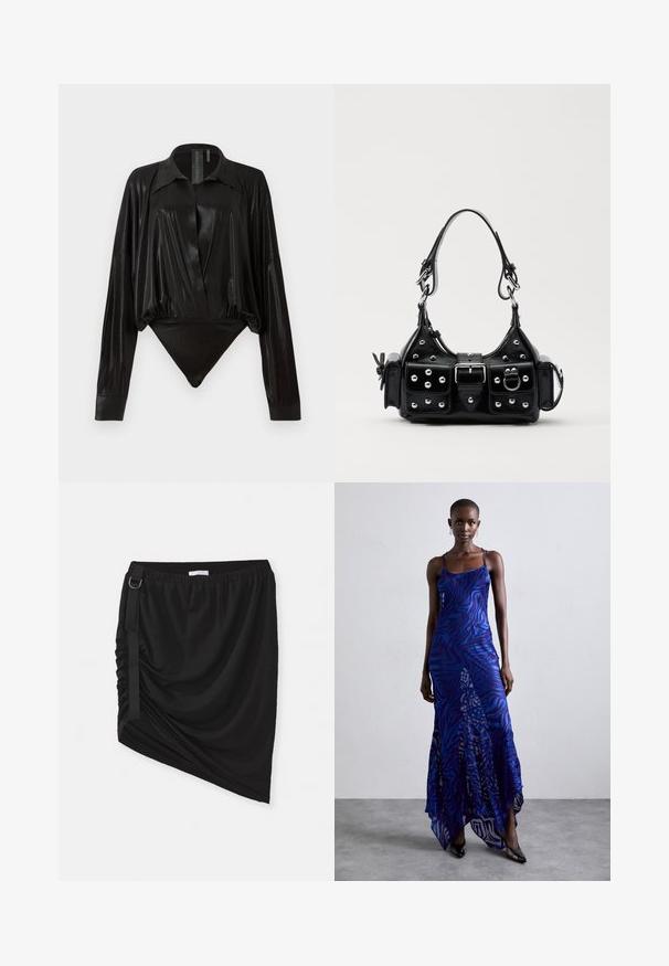 Bodysuit negro de mangas largas, escote en V y silueta ajustada. Fabricado en un tejido brillante y suave con un cuello estructurado y puños.; Falda negra fruncida de tela suave, con un dobladillo asimétrico y una tira lateral con un detalle de anillo metálico.; Vestido maxi de estampado animal en azul y morado con tirantes finos, un cuerpo ajustado, dobladillo acampanado y detalles de superposición transparente.; Bolso de mano de cuero negro con un diseño curvado, que cuenta con tachuelas plateadas, una hebilla y dos bolsillos laterales. Correa ajustable para opciones de transporte.