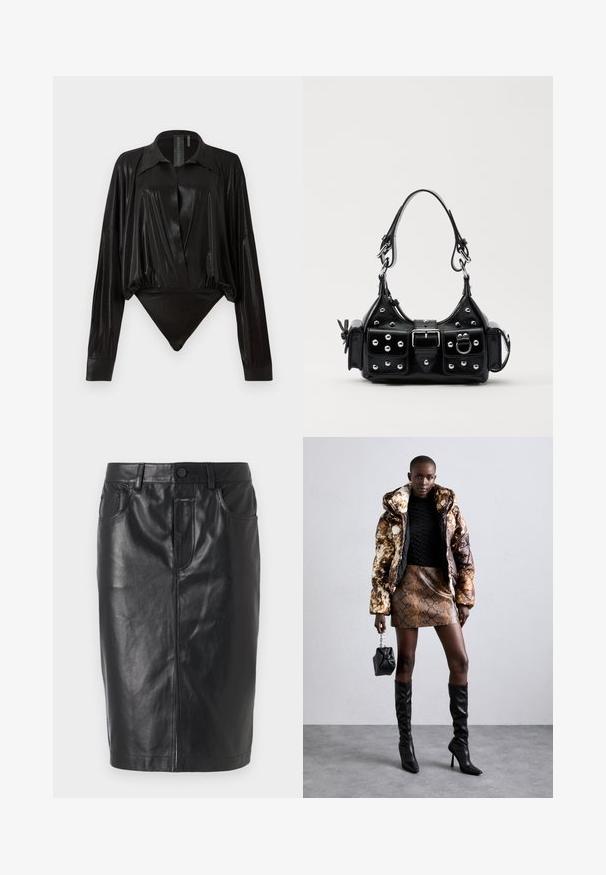 Body negru cu mâneci lungi, decolteu în V și o siluetă ajustată. Fabricat dintr-un material lucios și neted, cu guler structurat și manșete.; Fustă din piele neagră cu un design ajustat, croială de lungime medie, fermoar frontal și două buzunare. Textură netedă cu accente de cusături vizibile.; Jachetă puffer cu un model maro și negru, asortată cu o fustă mini din piele de șarpe maro, cizme negre până la genunchi și o geantă mică neagră.; Geantă de piele neagră cu un design curbat, dotată cu studuri argintii, o cataramă și două buzunare laterale. Curea ajustabilă pentru opțiuni de transport.