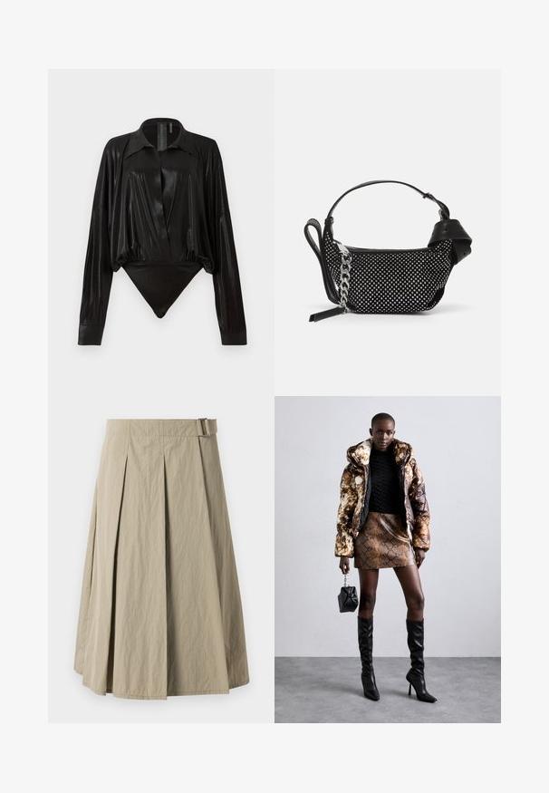Body negru cu mâneci lungi, decolteu în V și o siluetă ajustată. Fabricat dintr-un material lucios și neted, cu guler structurat și manșete.; Fustă plisată bej, cu o textură netedă, având bucle pentru curea și o formă în A, concepută cu un croi până la genunchi.; Jachetă puffer cu un model maro și negru, asortată cu o fustă mini din piele de șarpe maro, cizme negre până la genunchi și o geantă mică neagră.; Geantă neagră cu un design texturat, împodobită cu tije argintii și o curea chunky din argint. Prezintă o formă elegantă și minimalistă.