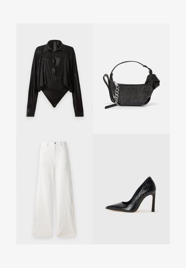 Melnā bodijakā ar garām piedurknēm, V-veida kaklu un pieguļošu siluetu. Izgatavots no spīdīga, gluda auduma ar strukturētu apkakli un aprocēm.; Baltās platās džinsās izgatavotas no denima, kurām ir sānu izšuvumu raksti un tradicionālā piecu kabatu dizains. Ar rāvējslēdzēju un pogu.; Melni augstpapēžu apavi ar norādītu purngalu, ar krokodila ādas tekstūru, izceļoties ar elegantu dizainu, augstu stiletto papēdi un gludu melnu interjeru.; Melnā rokassomiņa ar studētiem rotājumiem, ķēdes siksniņu un gludas ādas rokturi, ar apaļu formu un ar rāvējslēdzēju aizveramu nodalījumu.
