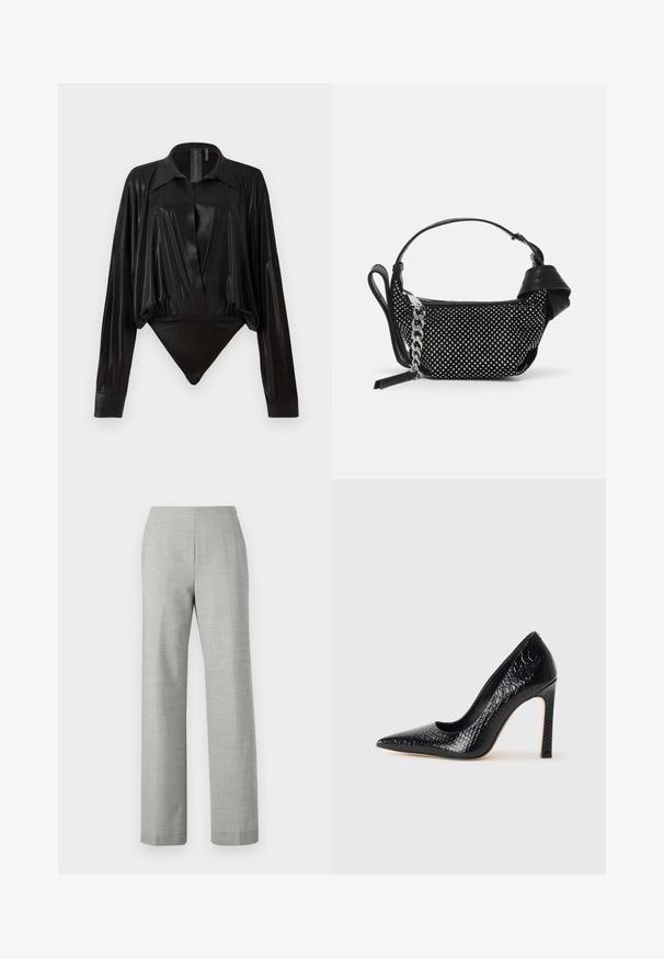 Black bodysuit with long sleeves, V-neck, and a fitted silhouette. Made of shiny, smooth fabric with a structured collar and cuffs.; Gray tailored trousers with a straight-leg design, made of a textured fabric. Features a smooth waistband and a clean, minimalist finish.; Black pointed-toe high heel shoe with a crocodile-skin texture, featuring a sleek design, high stiletto heel, and smooth black interior.; Black handbag with a textured design, adorned with silver studs and a chunky silver chain strap. Features a sleek, minimalist shape.