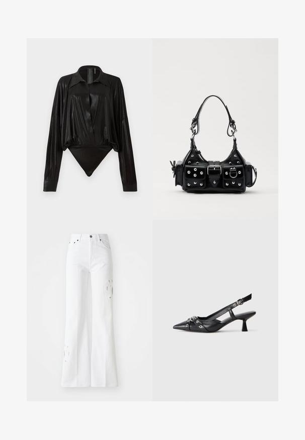 Must tooni bodysuit pikad varrukad, V-keres ja stuudiud joontega. Valmistatud läikivast, siledast kangast, millel on konstruktsiooniga krae ja mansetid.; Valged laiad teksapüksid, valmistatud denimist, kõrge vöökoha, peente lõikekujundustega ja viie taskuga stiiliga. Metallne nööp ja tõmbluku sulgemine.; Must must have must toote tõmblukuga, dekoratiivsed rihmad metallist silmadega ja madal blokk-kand. Tekstureeritud pind.; Must värvi nahast käekott, millel on kaarjas disain, hõbedased nupukesed, kinnitusahe ja kaks külgtaskut. Reguleeritav rihm erinevate kandmisvõimaluste jaoks.