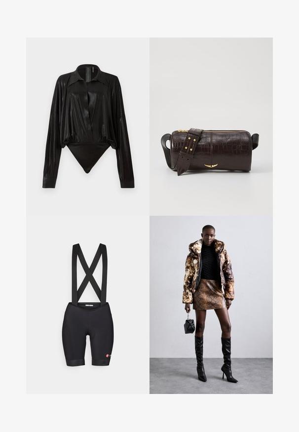 Juodas bodžiukas su ilgomis rankovėmis, V formos iškirpte ir prigludusia siluetu. Pagamintas iš blizgaus, lygaus audinio su struktūrizuotu apykakle ir rankogaliais.; Juodos dviračių šortai su elastingomis juostomis, turintys paminkštintą sėdėjimo vietą ir kontrastingą logotipą apatinėje kojoje. Lygus, tamprus audinys.; Pūkuotas džemperis su rudos ir juodos spalvų raštu, derinamas su rudą gyvatės rašto mini sijonu, juodais ilgaauliais batais iki kelių ir mažyte juoda rankine.; Ruda krokodilo odspaudo odinė rankinė cilindro formos, su auksinėmis detalėmis ir nuimamu dirželiu, papuoštu studelėmis.