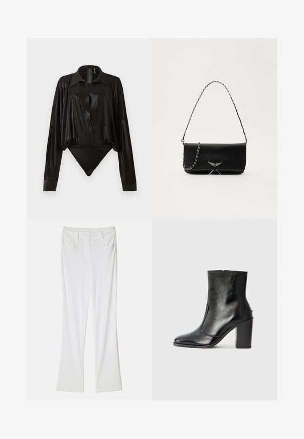 Črn bodi z dolgimi rokavi, V-izrezom in prilegajočo silhueto. Narejen iz sijočega, gladkega materiala z oblikovanim ovratnikom in manšetami.; Bela široka hlače iz gladkega tkanja z dvema sprednjima žepoma in šivanim pasom za prilagojen videz.; Črne usnjene gležnarske čevlje z gladko teksturo, koničastim nosom in debelim visokim petam. Imajo stransko odprtino in minimalističen dizajn.; Črna usnjena torbica s srebrnim verižnim ročajem, ki ima okrasne krilate poudarke in belo šivanje ob spodnjem šivu.