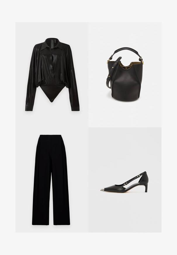 Czarny bodysuit z długimi rękawami, dekoltem w serek i dopasowanym fasonem. Wykonany z błyszczącego, gładkiego materiału z usztywnionym kołnierzykiem i mankietami.; Szerokie czarne spodnie z wysokim stanem, o gładkiej teksturze i prostych liniach. Brak widocznych zapięć lub wzorów.; Czarny skórzany but na obcasie typu kitten z metalowym, srebrnym zakończeniem palca i podwójnymi paskami na klamry na białym tle.; Czarna skórzana torebka w kształcie wiadra o teksturowanym wykończeniu, z złotymi akcentami metalowymi i otwartą górą. Posiada krótką rączkę oraz regulowany pasek na ramię.