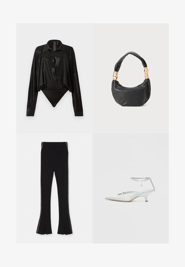 Musta catsuit pitkillä hihoilla, V-pääntiellä ja tiukalla siluetilla. Valmistettu kiiltävästä, sileästä kankaasta, jossa on jämäkkä kaulus ja hihansuut.; Mustat levenevät housut, joissa on sileä pinta, koristeelliset metalliosat molemmilla puolilla ja halkiot hemissä.; Valkoinen, kärjellinen kissanpohjainen korkokenkä, jossa on strassilla koristeltu nilkkahihna, yksinkertaisella taustalla.; Musta nahkalaukku pyöreällä muodolla, pehmeällä pinnalla ja solmulla varustetulla kahvalla, jossa on kultasävyiset yksityiskohdat. Vetoketjusuljenta.