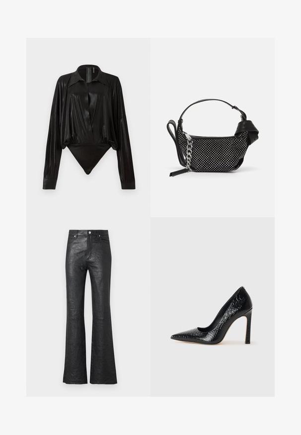 Černý body s dlouhými rukávy, výstřihem do V a přiléhavým střihem. Vyrobeno z lesklého, hladkého materiálu se strukturovaným límcem a manžetami.; Černé kožené široké kalhoty s mačkanou texturou, vysokým pasem, předními kapsami a klasickým uzávěrem na knoflík se zipem.; Černý lodičkový bot s špičatou špičkou, pokrytý texturou krokodýlí kůže, s elegantním designem, vysokým stiletto podpatkem a hladkým černým interiérem.; Černá kabelka s cvočky, řetízkem a hladkým koženým držadlem, kulatého tvaru a se zipovou kapsou.
