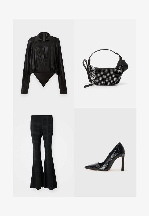 Zwarte body met lange mouwen, V-hals en een aansluitende silhouet. Gemaakt van glanzende, gladde stof met een gestructureerde kraag en manchetten.; Zwarte flared broeken gemaakt van een gladde stof, met een geruit patroon dat een subtiele textuur en een getailleerde pasvorm creëert.; Zwarte puntige hoge hak schoen met een krokodillenleren textuur, met een slank ontwerp, hoge stiletto-hak, en een gladde zwarte binnenkant.; Zwarte handtas met studded embellishments, een kettingriem en een soepel leren handvat, met een afgeronde vorm en een ritscompartiment.