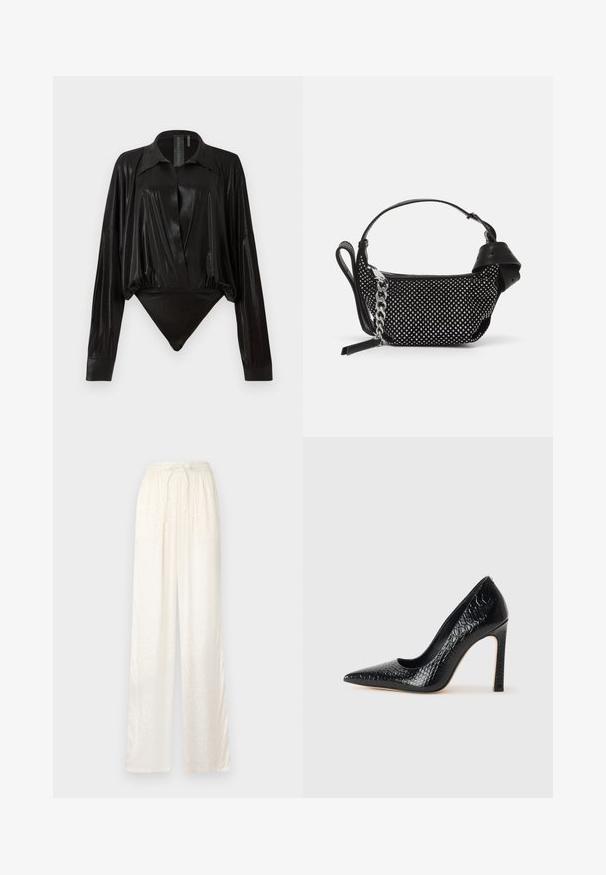 Black bodysuit with long sleeves, V-neck, and a fitted silhouette. Made of shiny, smooth fabric with a structured collar and cuffs.; White, loose-fitting pants with a lightweight, satin-like texture. Feature an elastic waistband with a tied drawstring and subtle pattern.; Black pointed-toe high heel shoe with a crocodile-skin texture, featuring a sleek design, high stiletto heel, and smooth black interior.; Black handbag with a textured design, adorned with silver studs and a chunky silver chain strap. Features a sleek, minimalist shape.