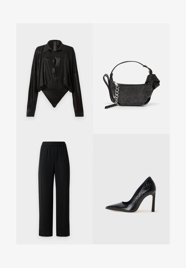 Body noir avec manches longues, décolleté en V et une silhouette ajustée. Fabriqué en tissu lisse et brillant avec un col structuré et des poignets.; Pantalons larges noirs en tissu lisse avec une taille élastique. Présentent une coupe droite et un minimum de détails. Conviennent pour un usage décontracté.; Escarpin noir à bout pointu avec texture en cuir de crocodile, présentant un design élégant, un haut talon aiguille et un intérieur noir lisse.; Sac à main noir avec des embellissements cloutés, une bandoulière en chaîne et une poignée en cuir lisse, de forme arrondie et avec un compartiment zippé.