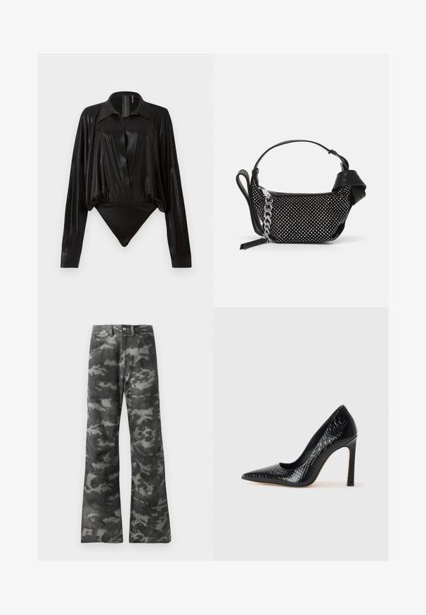 Body noir avec manches longues, décolleté en V et une silhouette ajustée. Fabriqué en tissu lisse et brillant avec un col structuré et des poignets.; Jean droit en denim noir et gris foncé à motif camouflage, avec fermeture à bouton et zip et poches avant.; Escarpin noir à bout pointu avec texture en cuir de crocodile, présentant un design élégant, un haut talon aiguille et un intérieur noir lisse.; Sac à main noir avec des embellissements cloutés, une bandoulière en chaîne et une poignée en cuir lisse, de forme arrondie et avec un compartiment zippé.