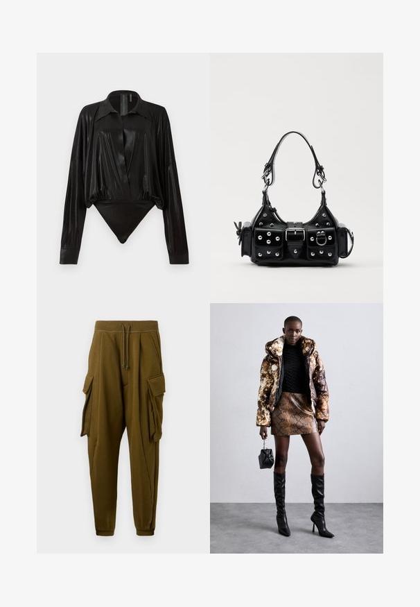 Must tooni bodysuit pikad varrukad, V-keres ja stuudiud joontega. Valmistatud läikivast, siledast kangast, millel on konstruktsiooniga krae ja mansetid.; Oliivrohelised jogger püksid stringsiisiga, kahe suure pesu taskuga flappidega kummalgi küljel ja mansettidega sääred.; Põuejope pruuni ja musta mustriga, kokku sobitatud pruuni madu nahast mini-seelikuga, mustade reie kõrguste saapadega ja väikese musta kotiga.; Must värvi nahast käekott, millel on kaarjas disain, hõbedased nupukesed, kinnitusahe ja kaks külgtaskut. Reguleeritav rihm erinevate kandmisvõimaluste jaoks.