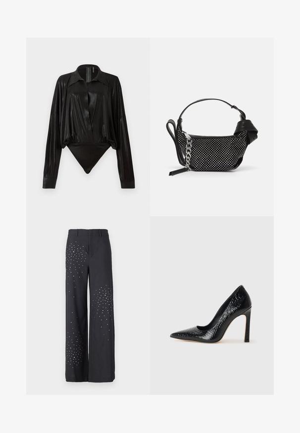 Bodysuit negro de mangas largas, escote en V y silueta ajustada. Fabricado en un tejido brillante y suave con un cuello estructurado y puños.; Pantalones de pierna ancha en tela gris oscuro, con embellishments plateados dispersos en un patrón de degradado en un lado. Cintura ajustada con trabillas para cinturón.; Zapato de tacón alto negro con punta afilada y textura de piel de cocodrilo, que presenta un diseño elegante, un alto tacón de aguja y un interior negro suave.; Bolso de mano negro con adornos de tachuelas, una correa de cadena y un asa de cuero suave, con forma redondeada y compartimento con cremallera.