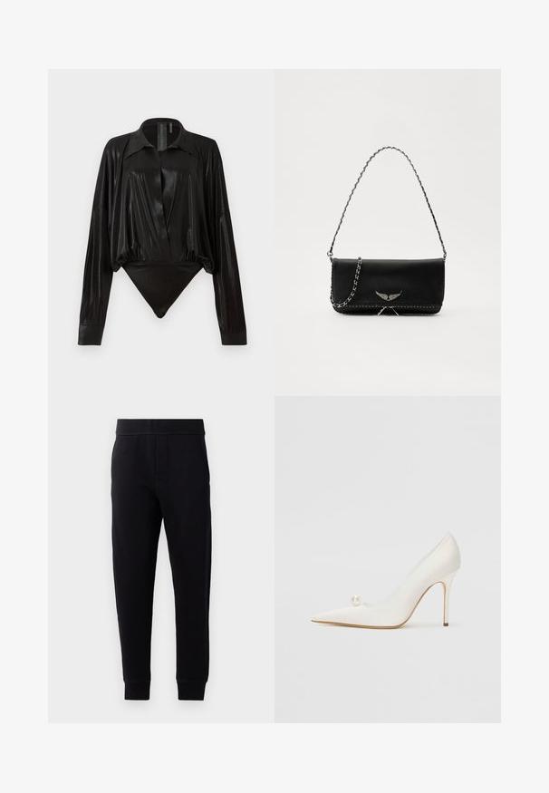 Svart body med långa ärmar, V-ringning och en figursydd silhuett. Tillverkad av glänsande, slät tyg med en strukturerad krage och manschetter.; Svarta joggingsbyxor i mjukt tyg, med elastisk midja, smal passform, sidofickor och smalnande ärmvidd vid vristerna.; Vitt spetsigt högklackat sko med en glänsande yta, med en dekorativ pärlaccent på sidan och en smal stilettklack.; Svart läderhandväska med en silverkedja, prydd med dekorativa vingdetaljer och vit sömnad längs den nedre sömmen.