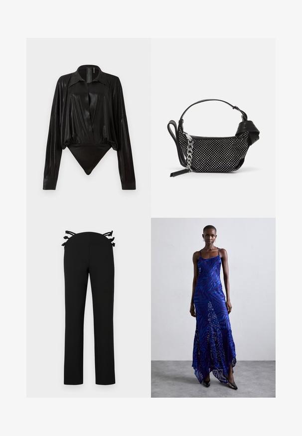 Črn bodi z dolgimi rokavi, V-izrezom in prilegajočo silhueto. Narejen iz sijočega, gladkega materiala z oblikovanim ovratnikom in manšetami.; Črne hlače s ravnim krojem, ki imajo pas z črnimi trakovi na zadnji strani. Gladek material brez vidnih vzorcev.; Maxi obleka z živalskim vzorcem v modri in vijolični barvi, s tankimi naramnicami, oprijetim pasom, razširjenim robom in prosojnimi detajli.; Črna torbica z okrasnimi žebljički, verižnim trakom in gladkim usnjenim ročajem, zaokrožene oblike z zaklepanjem na zadrgo.