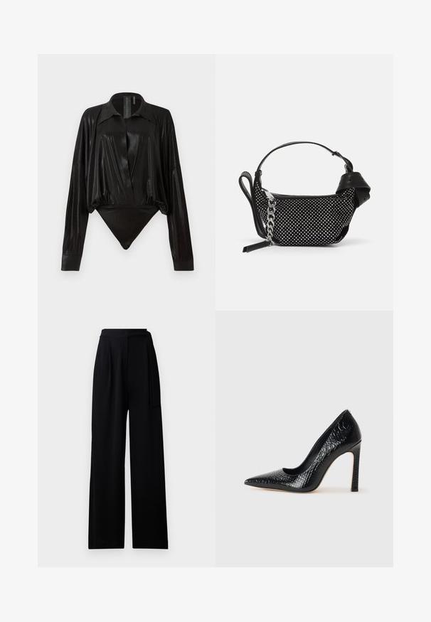 Crni bodi s dugim rukavima, V-izrezom i prilagođenim siluetom. Izrađen od sjajnog, glatkog materijala s strukturiranim ovratnikom i manžetama.; Crne široke hlače napravljene od mekog materijala, s visokim pojasom i odgovarajućim remenom, s glatkom teksturom i bez vidljivih uzoraka.; Crne visoke potpetice s oštrim prstima, od teksture krokodilske kože, elegantnog dizajna, visoke stiletto potpetice i glatkog crnog unutrašnjosti.; Crna torbica s ukrasima od studenaca, lančanim remenom i glatkom kožnom drškom, zaobljenog oblika i zatvorenim odjeljkom na zip.