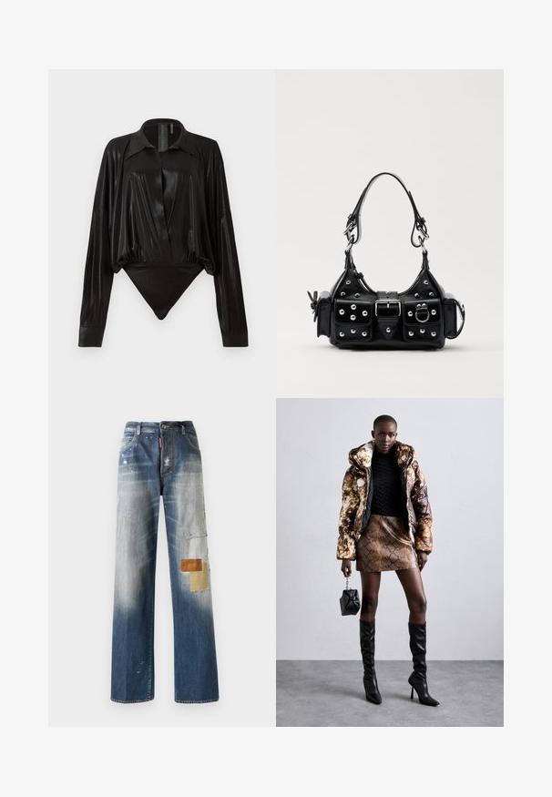 Black bodysuit with long sleeves, V-neck, and a fitted silhouette. Made of shiny, smooth fabric with a structured collar and cuffs.; Blue denim jeans featuring a loose fit, faded sections, and various textured patches in brown and beige on the left leg. Light distressing visible.; Puffer jacket with a brown and black pattern, paired with a brown snake print mini skirt, black knee-high boots, and a small black bag.; Black leather handbag with a curved design, featuring silver studs, a buckle, and two side pockets. Adjustable strap for carrying options.