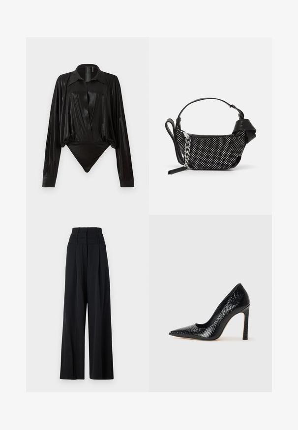 Fekete egyrészes ruházat hosszú ujjakkal, V-kivágással és testhez simuló fazonnal. Fényes, sima anyagból készült, strukturált gallérral és mandzsettákkal.; Fekete, bő szárú nadrág magas derekával, az elején redőkkel és sima textúrával. Nincs látható logó vagy minta.; Fekete hegyes orrú magassarkú cipő krokodilbőr textúrával, letisztult dizájnnal, magas tűsarkú és sima fekete belső résszel.; Fekete kézitáska szegecses díszítéssel, láncos pánttal és sima bőr fogantyúval, lekerekített formával és cipzáras rekesszel.