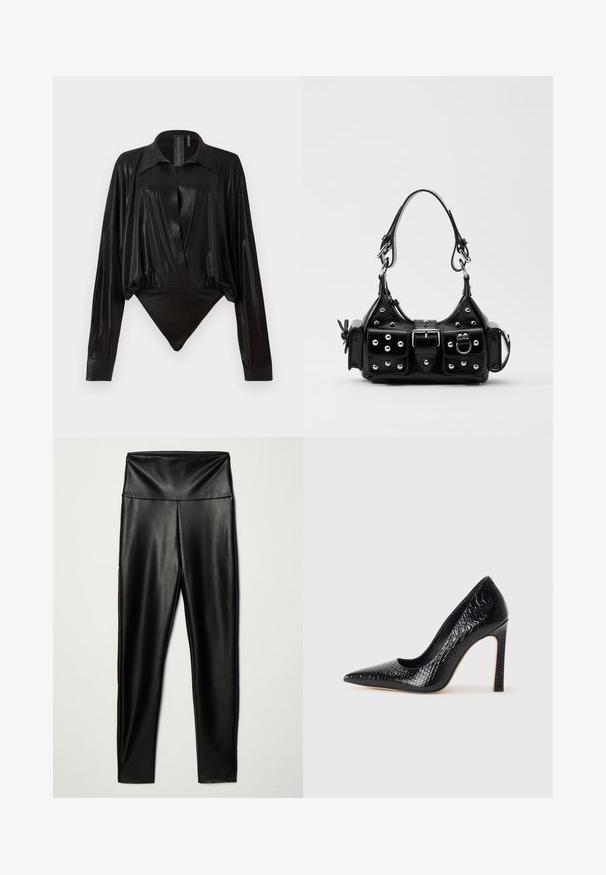 Fekete egyrészes ruházat hosszú ujjakkal, V-kivágással és testhez simuló fazonnal. Fényes, sima anyagból készült, strukturált gallérral és mandzsettákkal.; Fekete műbőr leggings, magas derékkal, sima felülettel és testhezálló fazonnal, a boka hosszúságáig ér.; Fekete hegyes orrú magassarkú cipő krokodilbőr textúrával, letisztult dizájnnal, magas tűsarkú és sima fekete belső résszel.; Fekete bőr kézitáska ívelt designnal, ezüst szegecsekkel, csattal és két oldalsó zsebbel. Állítható vállpánt a hordozási lehetőségekhez.