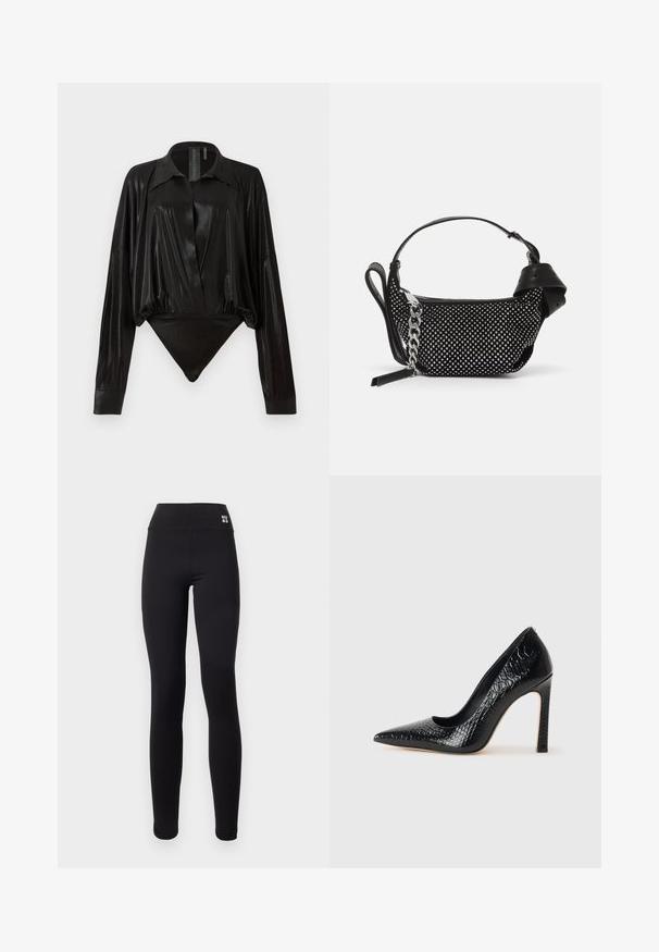 Body noir avec manches longues, décolleté en V et une silhouette ajustée. Fabriqué en tissu lisse et brillant avec un col structuré et des poignets.; Leggings noirs avec une taille haute arborant le logo "HUGO" en blanc. Fabriqués en matériau lisse et extensible, conçus pour le confort et l'ajustement.; Escarpin noir à bout pointu avec texture en cuir de crocodile, présentant un design élégant, un haut talon aiguille et un intérieur noir lisse.; Sac à main noir avec un design texturé, orné de clous en argent et d'une bandoulière en chaîne argentée épaisse. Présente une forme élégante et minimaliste.