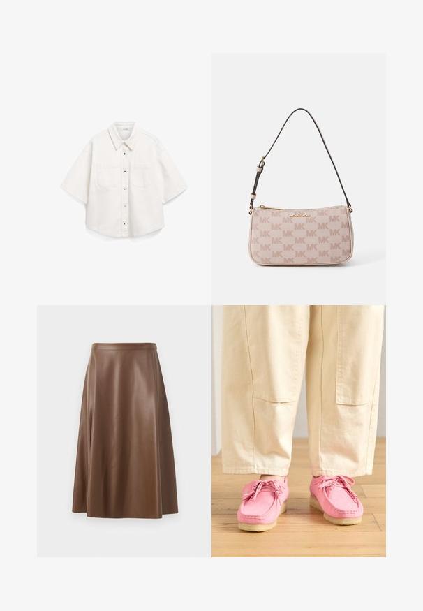 Fehér, rövid ujjú ing, pamutból készült, gombos elülső résszel, két mellzsebbel és merev gallérral.; Barna bőrből készült A-vonalú szoknya sima textúrával és közepes hosszúságú szegéllyel. Fitted derékrésszel rendelkezik és enyhén bővül a csípőnél.; Rózsaszín velúr mokaszin stílusú cipők fűzős kivitelben, texturált felsőrésszel és világos bézs gumitalppal, bézs nadrággal párosítva.; Világos rózsaszín keresztpántos táska textúrált anyagból, amelyen az MK logója egész felületen látható, arany cipzárral és sötétbarna állítható pánttal.