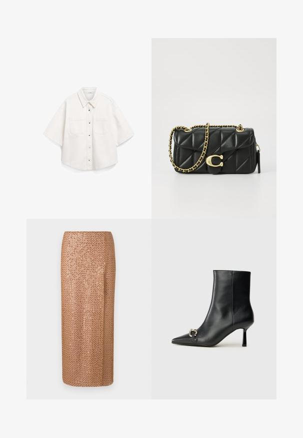 Balta īsajām piedurknēm krekls, izgatavots no kokvilnas, ar pogu slēgšanu priekšā, divām krūšu kabatām un strukturētu apkakli.; Medi garums svārki gaiši bežā krāsā ar pērlītēm un fliteru dizainu, ar taisnu siluetu un sānu izgriezumu detaļām un kustībai.; Melnā ādas potīšu zābaku ar smailu purngalu, šauru vidēja augstuma papēdi un sudraba sprādzi sānos uz vienkrāsaina fona.; Melnas, quiltotas ādas rokassomiņa ar zelta ķēdes siksnu un slēgšanu ar cilpu, kas ir aprīkota ar apaļu akcentu. Kompakta, taisnstūra forma.