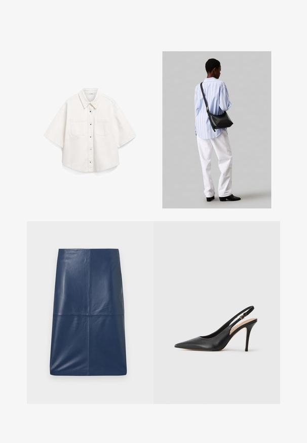 Biely krátky rukáv košeľa vyrobená z bavlny, má zapínanie na gombíky, dve náprsné vrecká a štruktúrovaný golier.; Námornícka kožená ceruzková sukňa s hladkou, lesklou textúrou, s jednoduchým, aerodynamickým dizajnom a rovný strih. Žiadny viditeľný kovový prítok.; Čierna kožená sandálová topánka na vysokom podpätku s špicatou špičkou, hladkou textúrou a jemným remienkom s kovovou sponou.; Čierna kožená ramenná taška so mäkkou textúrou, trojuholníkovým tvarom a nastaviteľným popruhom, skombinovaná s svetlomodrou pruhovanou košeľou a bielymi nohavicami.