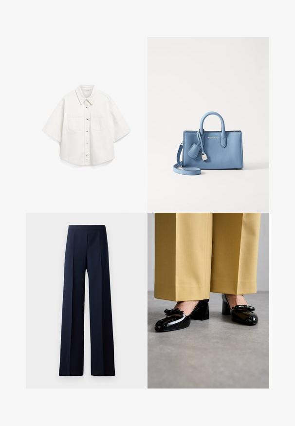 Camisa blanca de manga corta, hecha de algodón, presenta un cierre frontal de botones, dos bolsillos en el pecho y un cuello estructurado.; Pantalones de pierna ancha en tela azul marino oscuro, con una textura suave, sutiles pliegues frontales y una cintura ajustada para una silueta estilizada.; Stuart Weitzman FELICITY BOW BLOCK - Tacones - black; Bolso de mano de cuero azul claro con asas dobles, correa de hombro desmontable y un detalle de cierre y etiqueta en tono plateado. Textura suave.; Pendientes de aro de oro con un diseño liso y redondeado y un acabado brillante, que cuentan con un cierre para asegurar. Grabados con "DKNY".