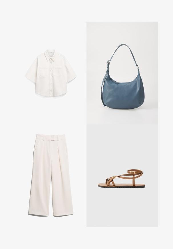 Balta īsajām piedurknēm krekls, izgatavots no kokvilnas, ar pogu slēgšanu priekšā, divām krūšu kabatām un strukturētu apkakli.; Platām kājām bikses gaiši krēmkrāsā, izgatavotas no gludas auduma ar divām priekšējām kabatām un redzamu dūrienu josta.; Brūni ādas sandales ar plānu siksniņu dizainu, ar zeltainu sprādzi un melnu plakanā zoli ar ziggzaga malu.; Zila ādas rokassoma ar noapaļotu formu, vienu plecu siksnu, ar rāvējslēdzēju aizdari un iegravētu zīmola nosaukumu priekšpusē. Gluda tekstūra.