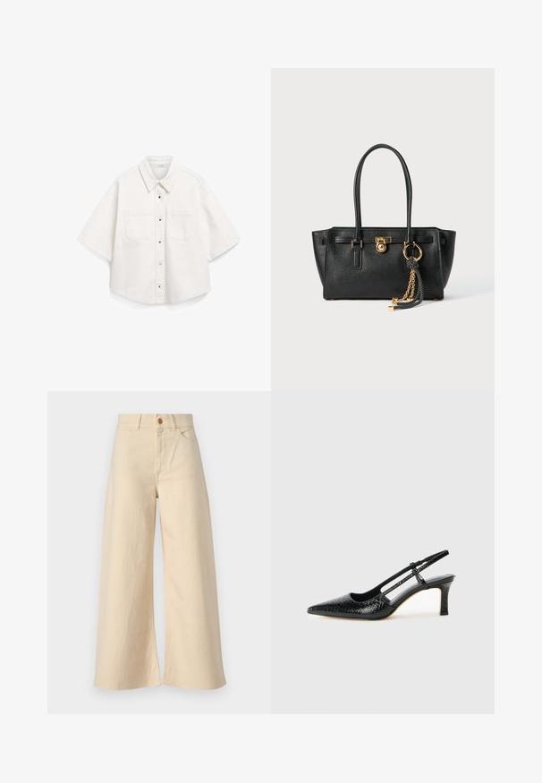 Hvit kortermet skjorte, laget av bomull, har en knappestokk foran, to brystlommer og en strukturert krage.; Beige vide benjeans laget av denim, med høy midje, frontlommer, knappelukking og frynset kantdetalj.; Sorte patent slingback hæl med spids tå, featuring tekstureret slangeskind, justerbar rem og en kort, tekstureret blokhæl.; Svart lærveske med doble håndtak, gulllås og kjededetalj, samt svart-hvite duskdekorasjoner mot hvit bakgrunn.