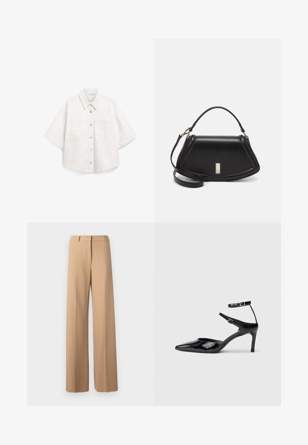 Biała koszula z krótkim rękawem, wykonana z bawełny, z zapięciem na guziki z przodu, dwiema kieszeniami na piersi i usztywnionym kołnierzykiem.; Beżowe spodnie szerokie w nogawkach, o gładkiej fakturze, z dopasowanym pasem, detalami wzdłuż przodu i bez widocznych kieszeni.; Czarne lakierowane szpilki z ostrym noskiem, regulowanymi paskami wokół kostki i smukłą szpilką. Gładka tekstura z błyszczącym wykończeniem.; Czarna skórzana torebka o strukturalnym designie, z przyciętą formą, górnym uchwytem i złotymi akcentami. W zestawie regulowany pasek na ramię.