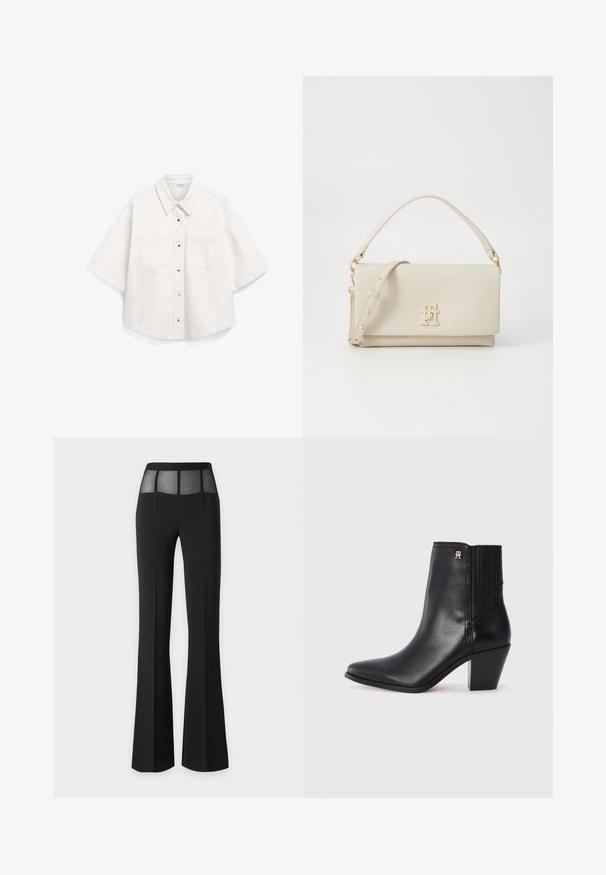 Camisa branca de mangas curtas, feita de algodão, com uma frente abotoada, dois bolsos no peito e um colarinho estruturado.; Calças pretas flared com um painel de malha transparente na cintura. A textura suave e o design ajustado melhoram o caimento e o acabamento geral.; Botim de pele preto até ao tornozelo com biqueira pontiaguda, painéis laterais elásticos e um salto quadrado. Apresenta um pequeno detalhe em ouro com o logótipo.; Mala de couro bege com uma forma estruturada, ferragens em tom dourado e um logótipo na parte da frente. Possui uma pega superior e uma alça de ombro destacável.