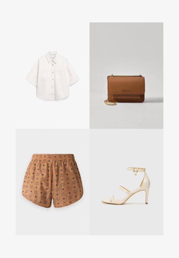 Weißes Kurzarmhemd aus Baumwolle mit einem durchgehenden Knopfverschluss, zwei Brusttaschen und einem strukturierten Kragen.; Braune Shorts mit einem Allover-Logo-Muster und dunkblauen Diamantakzenten, elastischem Taillenbund und leichtem, strukturiertem Stoff.; Beige High Heels Sandalen mit dünnem Knöchelriemen und zwei oberen Riemen. Glänzende Lackoberfläche und goldene Hardware-Details am Knöchelriemen.; Braune strukturierte Ledertasche mit goldener Kettenriemen und Klappenverschluss. Die Vorderseite zeigt ein Logo-Detail und eine Tasche unter der Klappe.