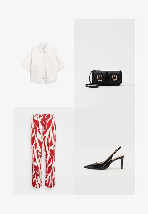 Bijela košulja kratkih rukava, napravljena od pamučnog materijala, ima dugmad sprijeda, dvije džepove na prsima i strukturiranu kragnu.; Hlače s uzorkom crvene i bijele boje s dizajnom lišća, širokih nogavica, elastičnim pojasom i laganom tkaninom.; Crne lakirane slingback cipele s oštrim vrhom, uskim potpeticama i suptilnim izrezom. Sadrže zlatnu kopču na traku.; Crna kožna torba preko ramena s dva prednja džepa, zlatnim kopčama, zatvaranjem na zip i uskim remenom. Teksturirana površina i kompaktan pravokutan oblik.