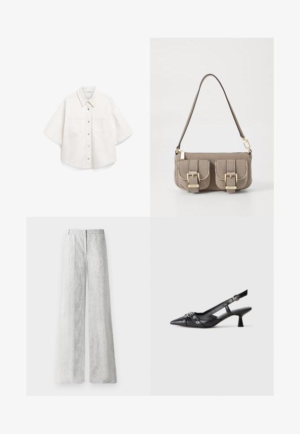Bílá košile s krátkým rukávem vyrobená z bavlny má zapínání na knoflíky, dvě hrudní kapsy a strukturovaný límec.; Světle šedé široké kalhoty vyrobené z texturované látky se slabými vertikálními pruhy. Mají přední zip a poutka na opasek.; Černé kožené slingback boty s špičatou špičkou, dekorativními pásky s kovovými očky a nízkým blokovým podpatkem. Texturovaný povrch.; Béžová texturovaná kabelka s nastavitelným popruhem, dvěma předními kapsami uzamčenými sponami a zlatými akcenty. Uzavření na zip nahoře.