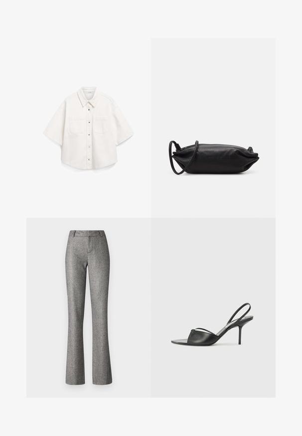 Bijela košulja kratkih rukava, napravljena od pamučnog materijala, ima dugmad sprijeda, dvije džepove na prsima i strukturiranu kragnu.; Sive široke hlače izrađene od teksturirane tkanine s suptilnim uzorkom. Imaju prednje zatvaranje, petlje za pojas i kroj koji ističe figure.; Crne kožne sandale sa otvorenom petom, s izduženim nosom, tankim remenom oko gležnja i stiletto potpeticom. Imaju čvorasti detalj na prednjem delu.; Crna kožna torbica za večernje izlaske pravokutnog oblika, glatke teksture, s tankim remenom za rameno i minimalističkim dizajnom.