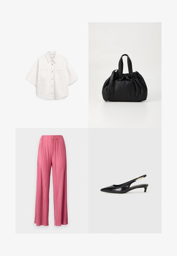 Valge lühikeste varrukatega särk, mis on valmistatud puuvillast, sisaldab nööpidega esiosa, kahte rinna taskut ja struktureeritud kraed.; Samsøe Samsøe UMA - Püksid - rose wine; Mustad nahast slingback kontsad terava ninaga, millel on õhuke konts ja kuldse tooni aktsent reguleeritaval rihmal. Sile tekstuur.; Mustmust mustkott mustrihmaga ülaosa disainiga, millel on kaks lühikest käepidet ja pikk reguleeritav rihm. Sile tekstuur, ümar kuju.